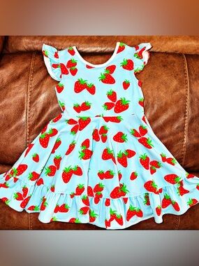 Eleanor Rose Light Blue Strawberry Print Ruffle Dress